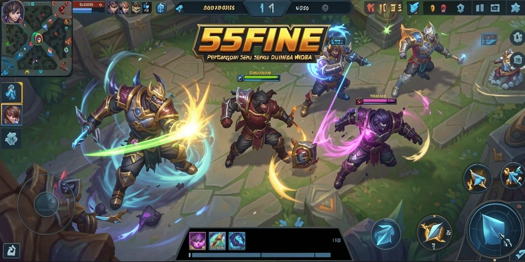 Tampilan seru gameplay MOBA 55FIVE di arena pertarungan.
