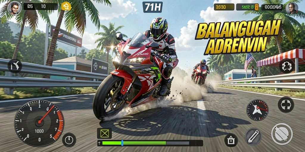 Tampilan utama gameplay 71H dengan aksi balapan motor yang mendebarkan.