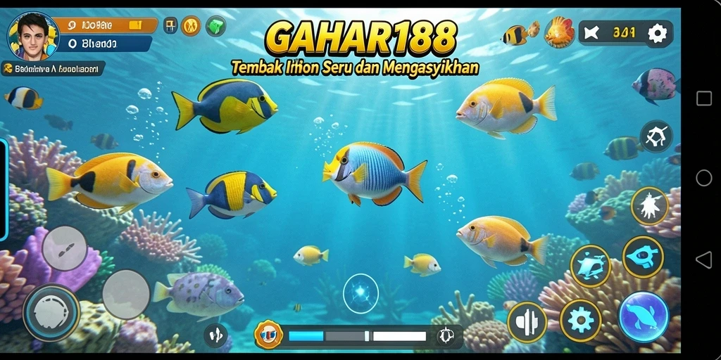 Screenshot utama GAHAR188 menampilkan aksi menembak ikan yang seru.