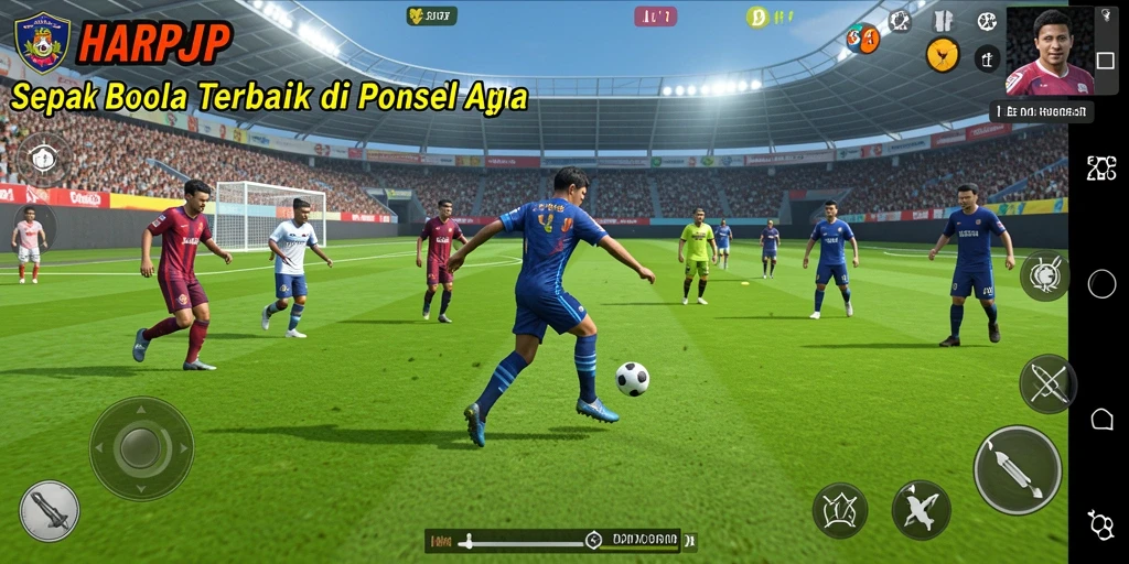 Screenshot gameplay HARAPJP menampilkan aksi sepak bola yang mendebarkan.