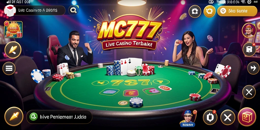 Screenshot gameplay MC777 menampilkan suasana Live Casino yang mendebarkan.