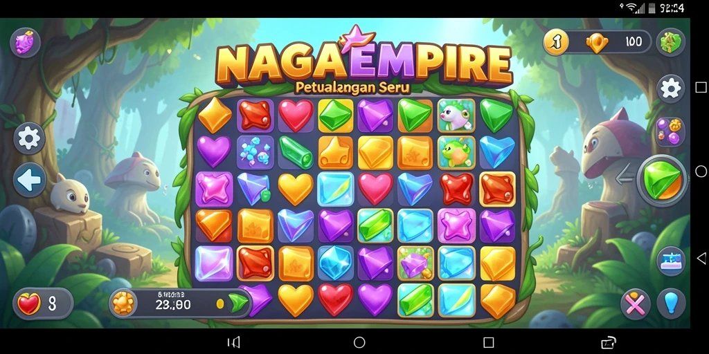 Tangkapan layar menampilkan gameplay seru NAGAEMPIRE dengan level match-3 yang penuh warna.