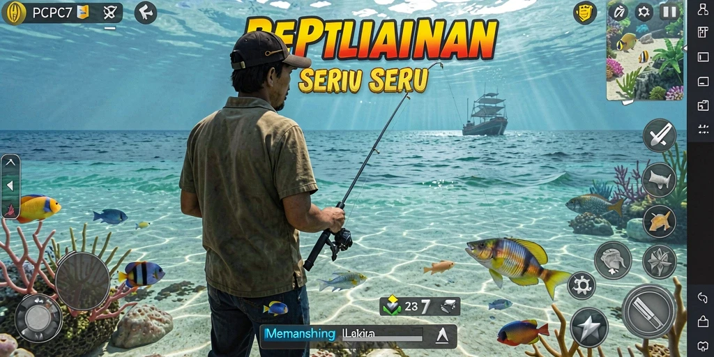Tampilan screenshot PCPC7 yang menampilkan aksi memancing di lautan yang indah.