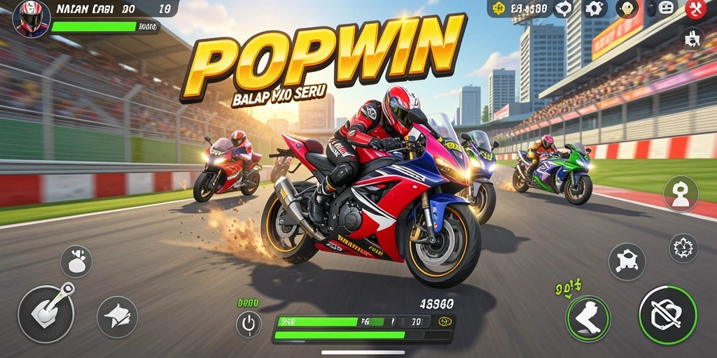 Tangkapan layar utama POPWIN menampilkan aksi balap motor yang mendebarkan.