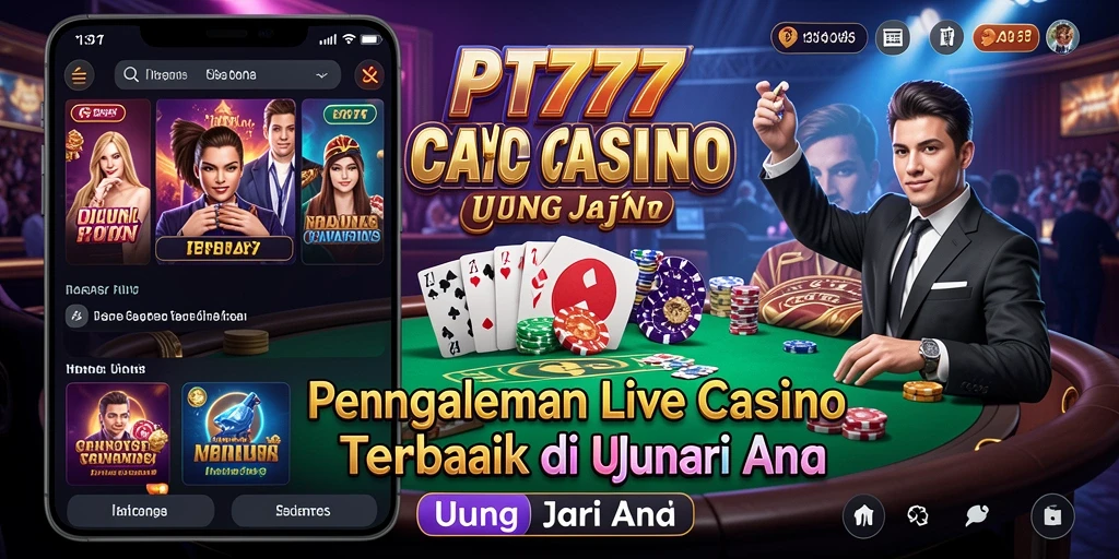Screenshot gameplay PT777 yang menunjukkan dealer dan meja permainan Live Casino.