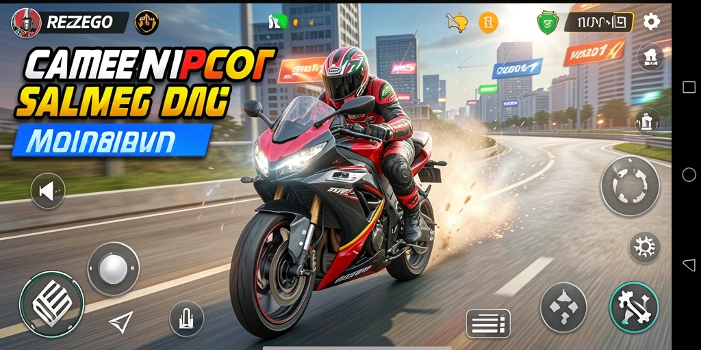 Screenshot gameplay REZEGO menampilkan aksi balap motor yang mendebarkan.