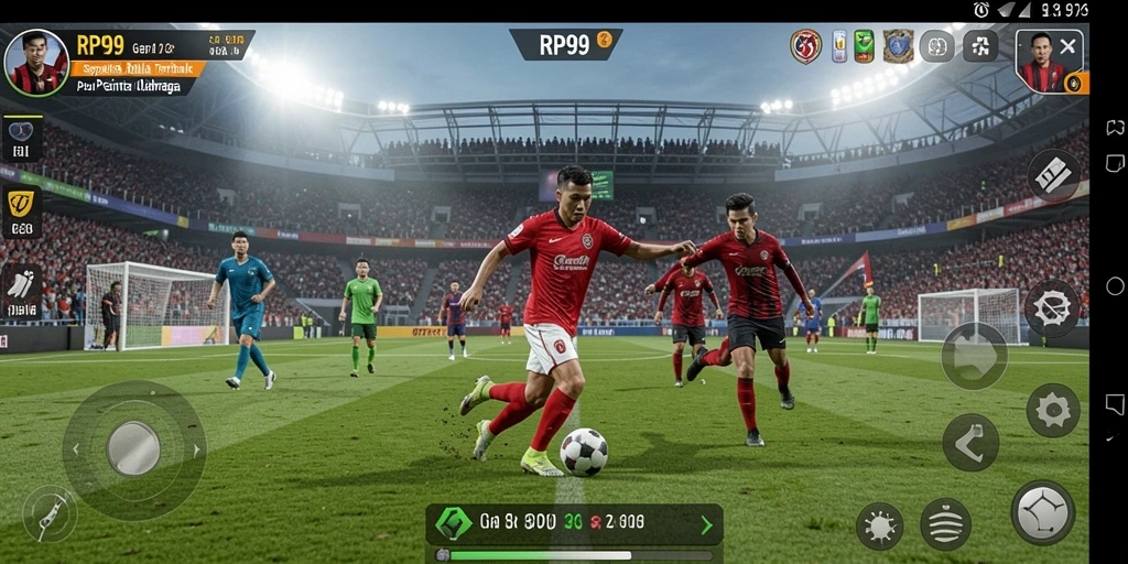 Screenshot utama RP99 menampilkan momen seru pertandingan sepak bola.