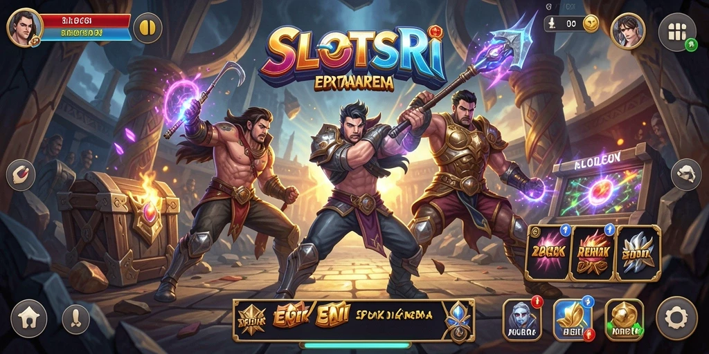 Tampilan gameplay SLOTSRI dengan pertarungan seru dan karakter yang dinamis.