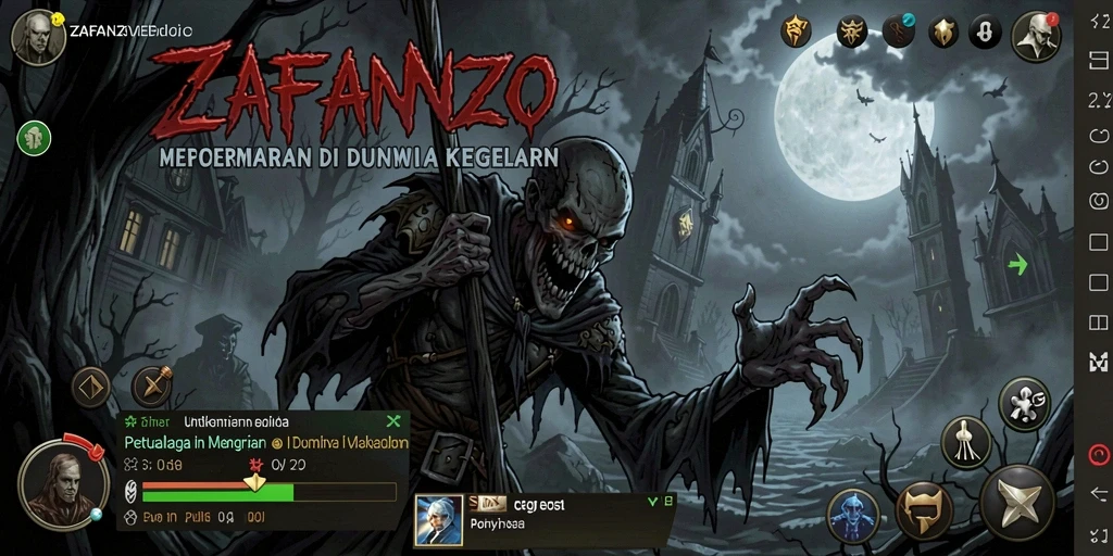 Screenshot ZAFANZO menampilkan suasana mencekam dengan makhluk menakutkan di kegelapan.
